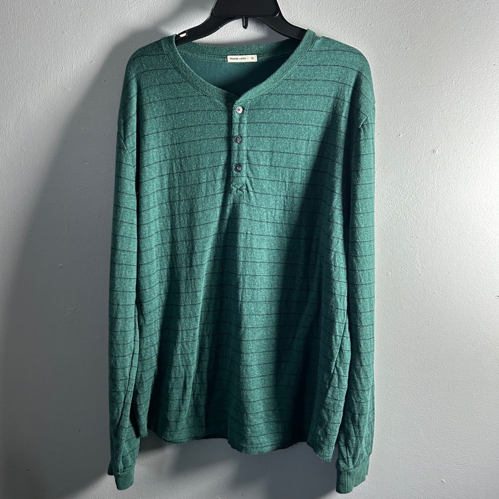 Marine Layer Mens Green Striped Long Sleeve Henley Shirt Style 15404‎ XL